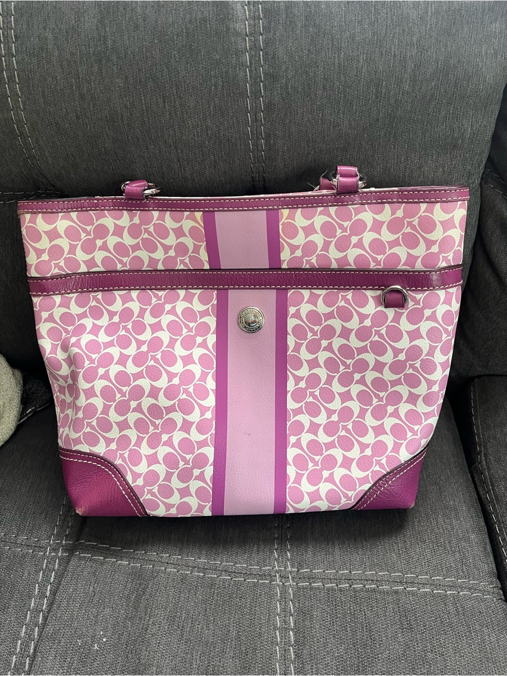 Pink/Purple Patterned Tote Bag with Center Stripe